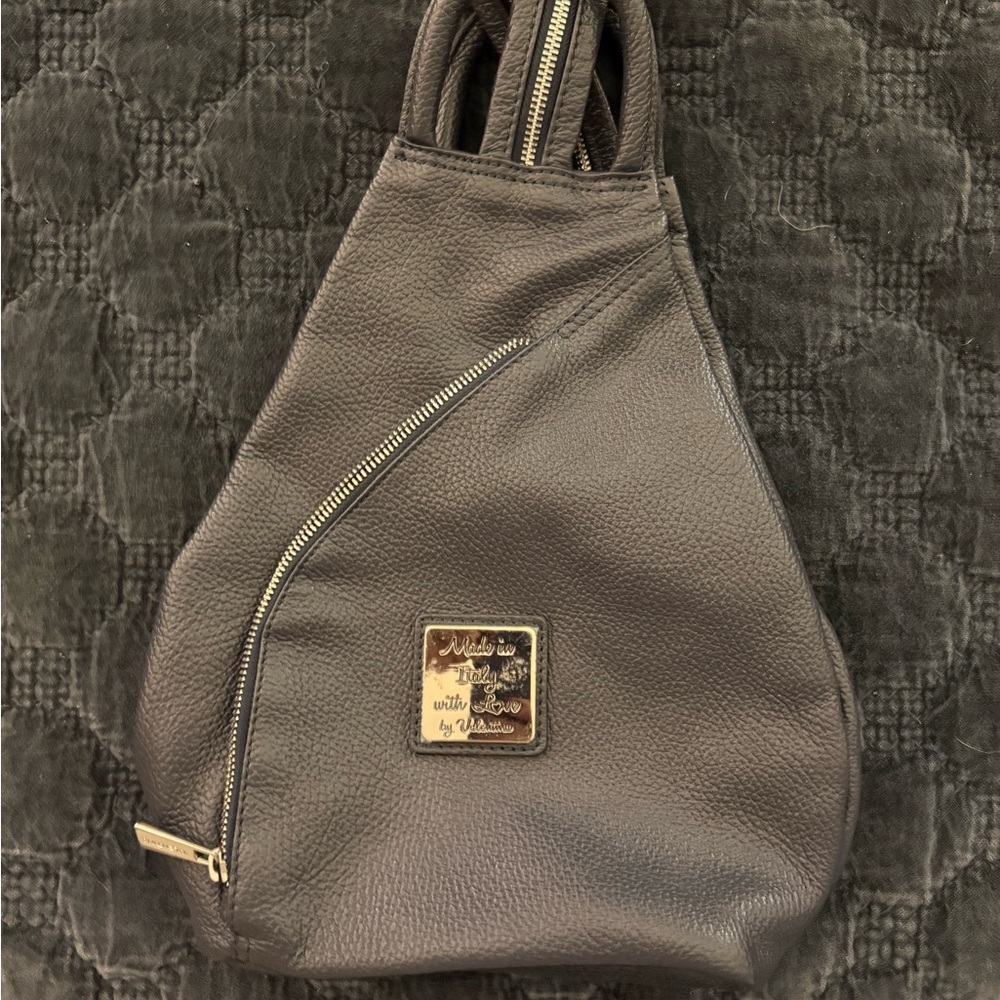 Navy Blue Leather Backpack with Gold Accents